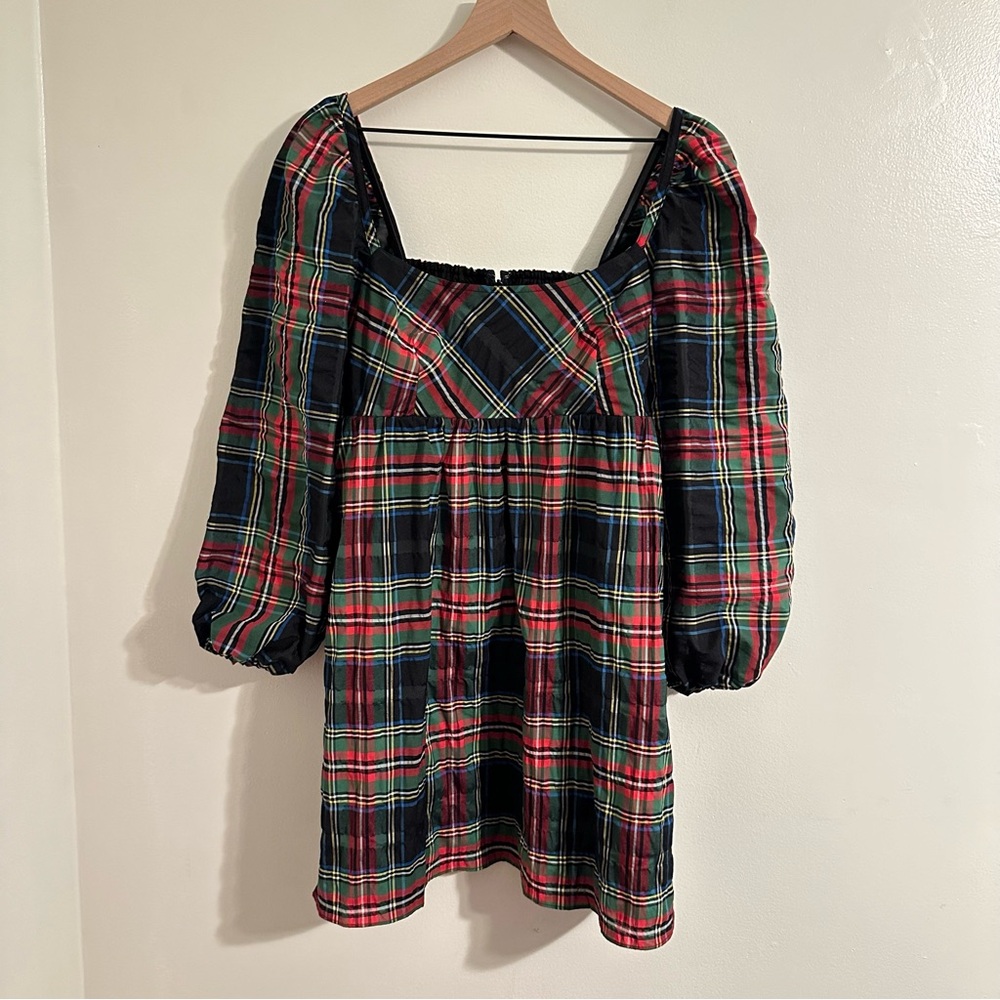J.Crew Puff-sleeve mini dress in Stewart tartan, Size 8, Red Black Green Plaid
